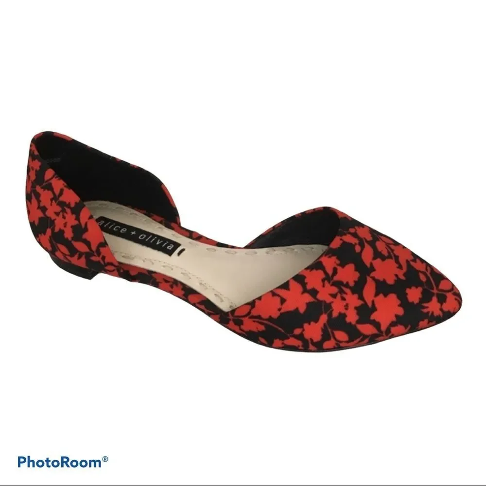 Alice + Olivia Red & Black Graphic floral flats.